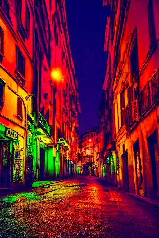 Image similar to neon streets of rome, 4 k, award winning photo, cyberpunk style