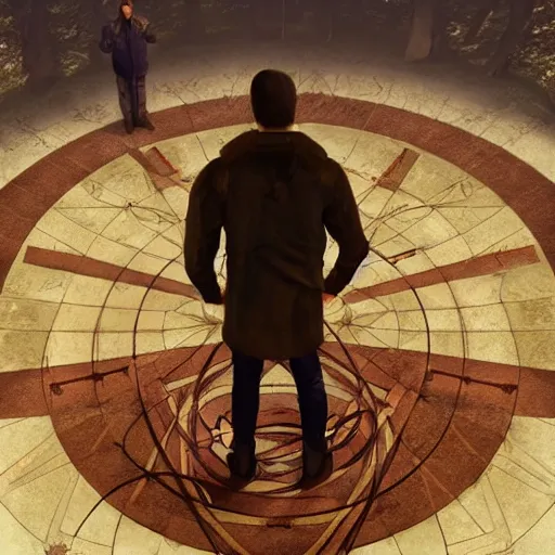 Image similar to man stands in a pentagram ban circle, artstation