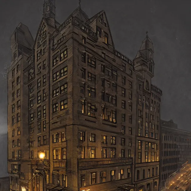 Image similar to action scene painting of a 1 9 2 0 s gothic style hotel in downtown boston, overlooking a dark street, architectural, atmospheric lighting, brooding, painted, intricate, ultra detailed, well composed, best on artstation, cgsociety, epic, horror, stunning, gorgeous, intricate detail, much wow, masterpiece, cinematic aesthetic octane render, 8 k hd resolution,