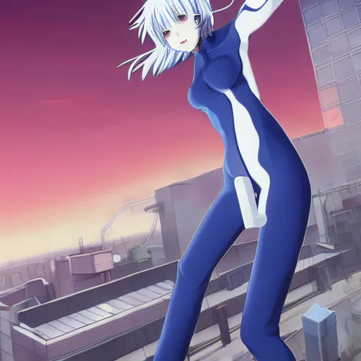 Image similar to anime art, anime fullbody shot of female rei ayanami, long blue hair and large eyes, finely detailed perfect face, in a modern skintight plugsuit, laying on a rooftop, flooded metropolis in ruins, red sea, trending on pixiv fanbox, evangelion, extremely high quality artwork by ilya kuvshinov