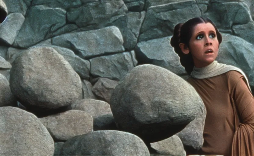 Image similar to portrait shot of Princess Leia lifting floating rocks outside a Jedi Temple scene from The Lost Jedi, 1970s film by Stanley Kubrick, serene, iconic scene, perfect shot of Carrie Fischer, stunning cinematography, hyper-detailed, sharp, anamorphic lenses, kodak color film, 4k