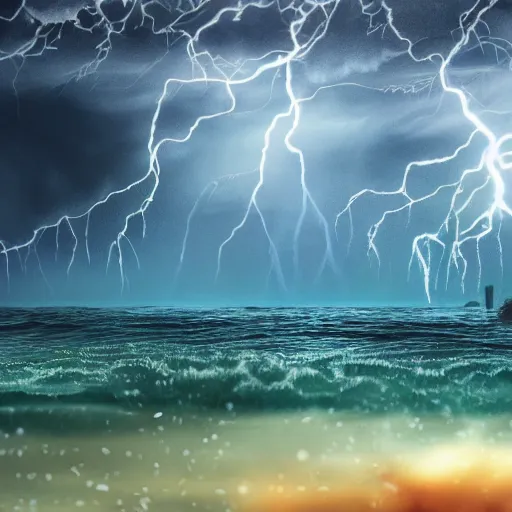 Image similar to nightmare monster emerging from sea surface, but monster is dendritic, thunderstorm in background, ultra realistic, raytracing, color