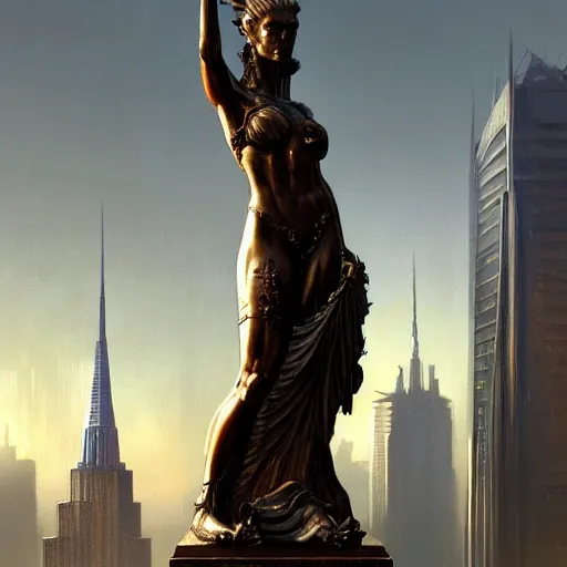 Prompt: a bronze statue stands as the centerpiece of cyberpunk new york city, fantasy, intricate, elegant, digital painting, trending on artstation, concept art, sharp focus, illustration by greg rutkowski, Gaston Bussiere and artgerm, 4k.