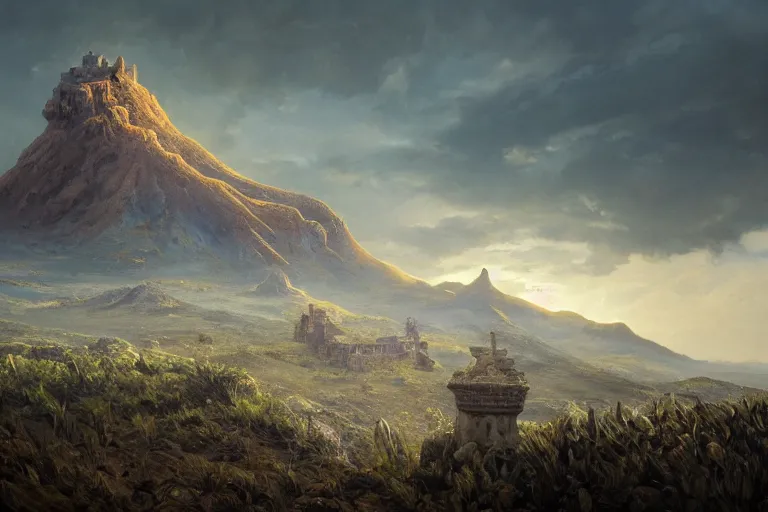 Image similar to single small fantasy castle in foreground, highly detailed, barren landscap, volcanoe in background, lavaflows in the foreground, illustrated by Greg Rutkowski and Gaston Bussiere, 35mm lens, beautiful macro close-up imagery, lush lighting, beautiful volumetric-lighting-style atmosphere