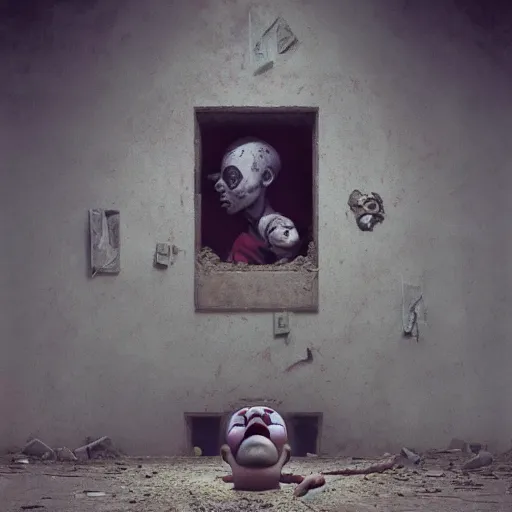 Prompt: a clown holding a baby inside an abandoned hospital, beksinski, dariusz zawadzki, symmetrical, surreal, magic surrealism, very coherent symmetrical artwork, cinematic, hyper realism, high detail, octane render, 8 k