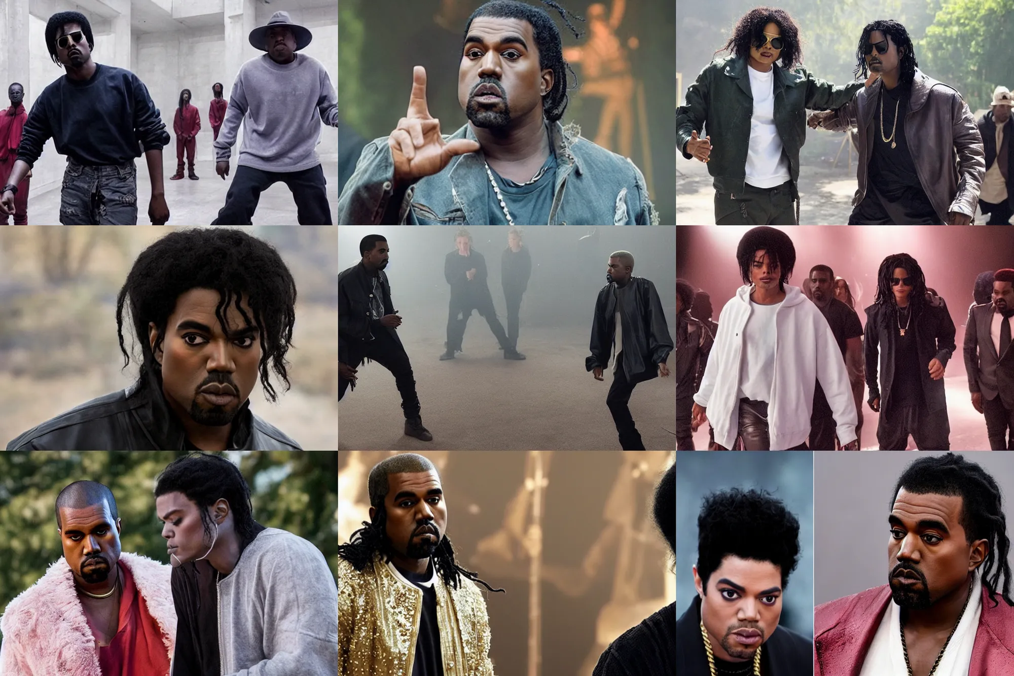 Prompt: a kanye and michael jackson hybrid in the new movie directed by joss whedon, movie still frame, promotional image, critically condemned, symmetrical shot, idiosyncratic, relentlessly detailed, limited colour palette