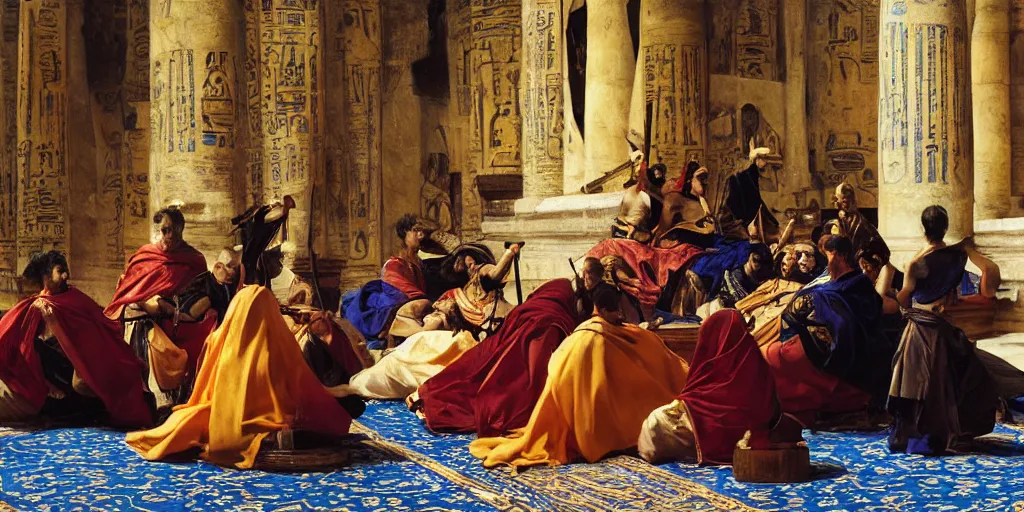 Image similar to beautiful oil matte portrait painting, ancient senators in royal crimson robes sit in tribunes of an egyptian blue palace hall, art by anders zorn, highly detailed, beautiful cinematic light deep focus, elegant, digital painting, smooth, sharp focus, golden ratio, dramatic illumination, art by artemisia lomi gentileschi and caravaggio