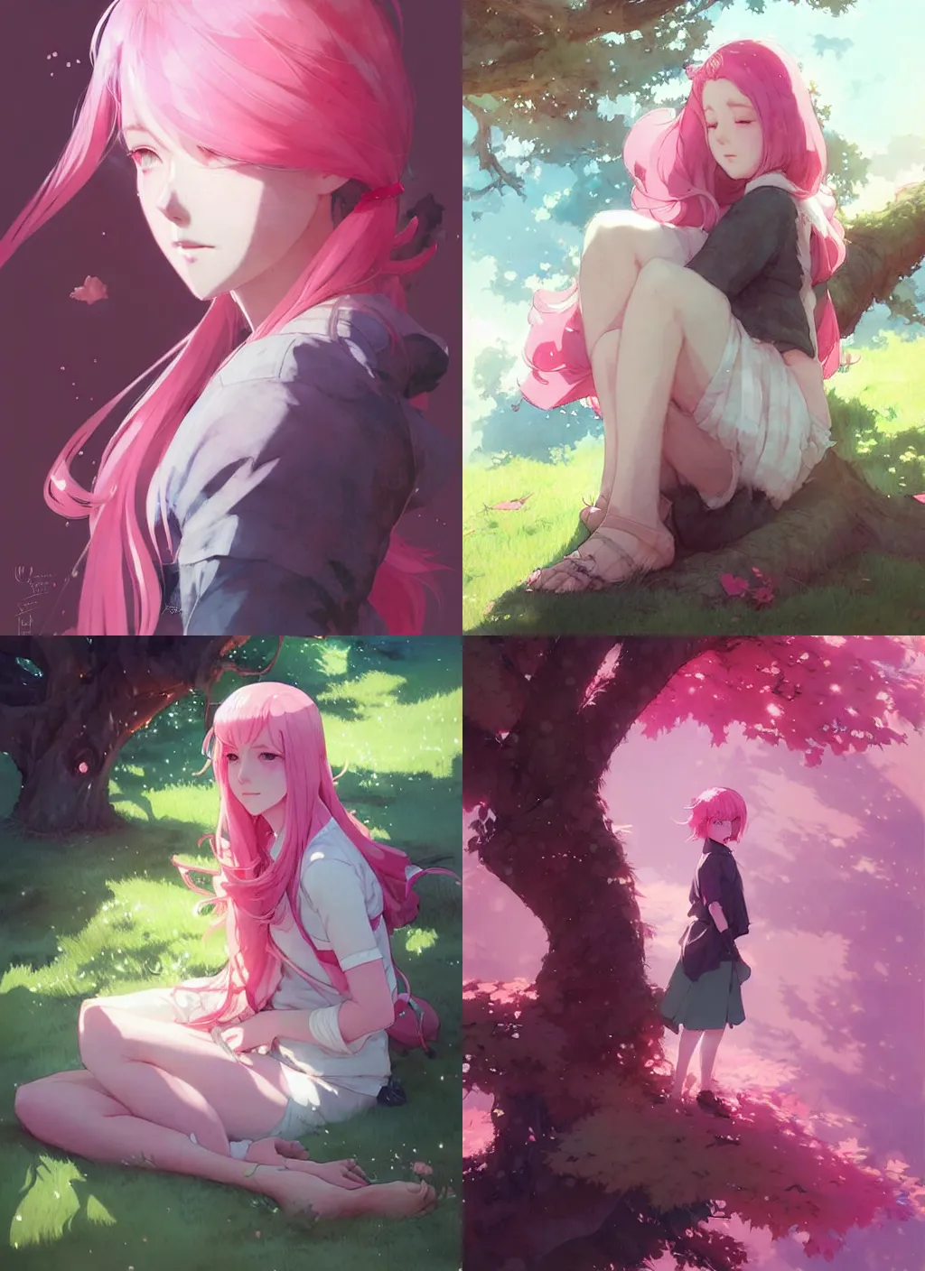 Prompt: portrait of a girl with pink hair rest under the tree, illustration, top lighting, perfect shadow, leaning towards watercolor, art by hidari and krenz cushart and wenjun lin and starember