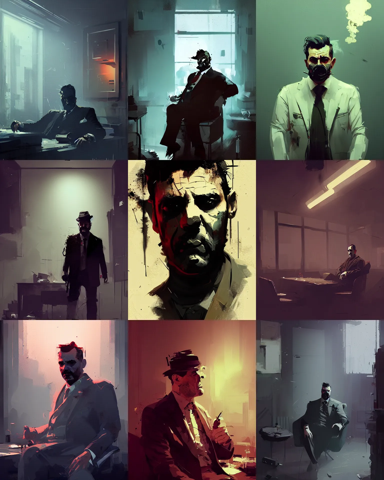 Prompt: mafia mob boss rugged portrait, smoke - filled room, dim cinematic lighting, ismail inceoglu, artstation, deviantart, dan mumford
