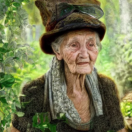 Image similar to portrait painting of the oldest person ever, garden, photorealistic, extreme detail, sharp focus, 8 k, intricate, hyper detailed, realistic, cinematic lighting