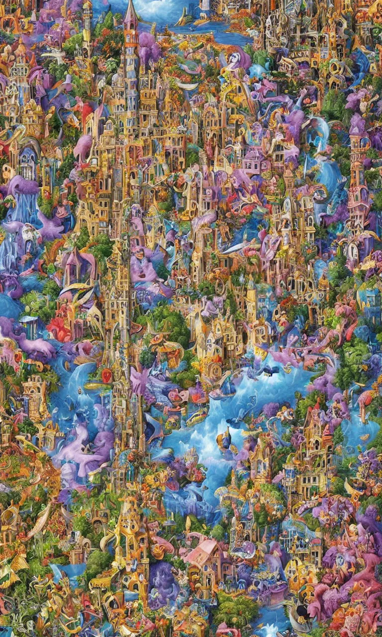 Prompt: an incredibly detailed masterpiece painting of a elaborate skyscraper by bosch and lisa frank, ornate, beautiful, bold colors, detailed, high resolution, wow!, intricate