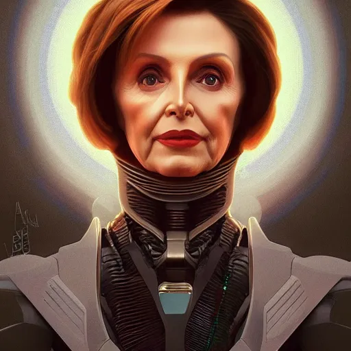 Image similar to nancy pelosi robot from another dimension, cinematic lighting, intricate, elegant, highly detailed, digital painting, artstation, sharp focus, illustration, art by artgerm and greg rutkowski and alphonse mucha and Wayne Barlowe and william-adolphe bouguereau