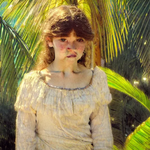 Image similar to a ultradetailed beautiful painting of a girl in the amazonas palace designed by jules bastien - lepage, hans belmer, frank weston and gustave baumann, beach, trending on artstation, mediterranean, palm trees, light sparkles, sharp focus, soft light, 8 k 4 k