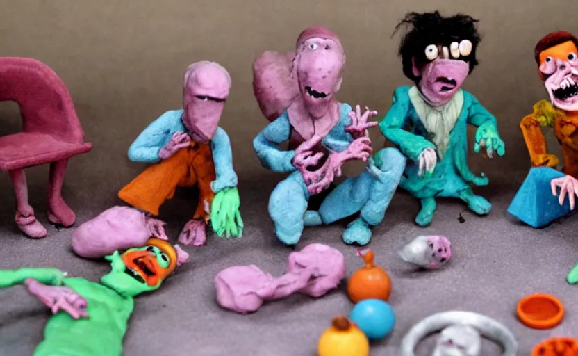 Image similar to a scene from a claymation horror movie