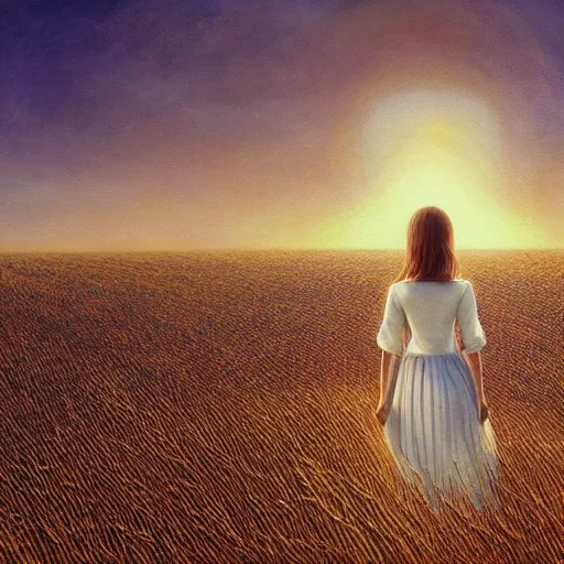 Prompt: close-up shot, a beautiful painting of a girl in a airy semi-transparent thin light dress standing in the glowing wheat fields, mystical setting, afternoon sun, long shadows, photo from the back, by Mark Ryden, artgerm, Bekzinski, WLOP, Felix Kelly and Ross Tran, trending on artstation