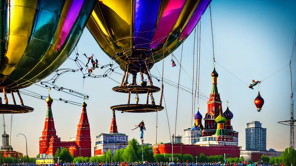 Image similar to large colorful futuristic space age metallic steampunk steam - powered balloons with pipework and electrical wiring around the outside, and people on rope swings underneath, flying high over the beautiful moscow city landscape, professional photography, 8 0 mm telephoto lens, realistic, detailed, photorealistic, photojournalism