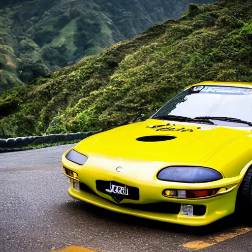 Image similar to Yellow Mazda RX7 drifting through quindio\'s mountains, photography, jdm style