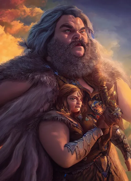 Image similar to A fantasy comic book style portrait painting of jack black, Joey King as a Mystical Valkyrie, unreal 5, DAZ, hyperrealistic, octane render, RPG portrait, dynamic lighting