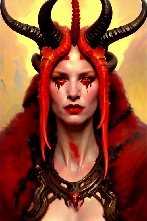 Image similar to painted close - up portrait of a very attractive red - skinned intimidating demon alien queen with ram horns! oil painting, wearing a noblewoman's outfit, fantasy art by john singer sargent and gaston bussiere and james jean and greg rutkowski, demon noble character design, hd