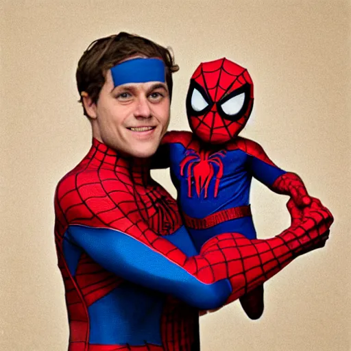 Prompt: realistic photo of spiderman holding baby wearing spiderman costumes