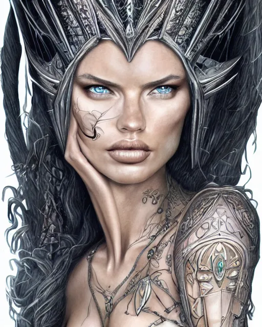 Prompt: face-centred portrait Adriana Lima as Galadriel, body covered in elfish tattoos , open magic book glowing, D&D, fantasy, highly detailed, digital art, fantasy illustration, trending on artstation, smooth, sharp focus, illustration, art by artgem and ROBERT HYNES
