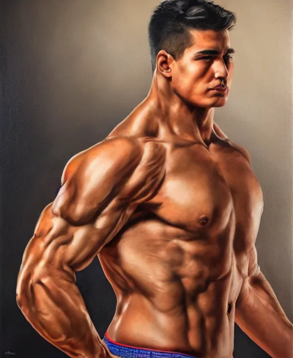 Image similar to heroic portrait of a handsome young mexican bodybuilder, art by denys tsiperko and bogdan rezunenko, hyperrealism