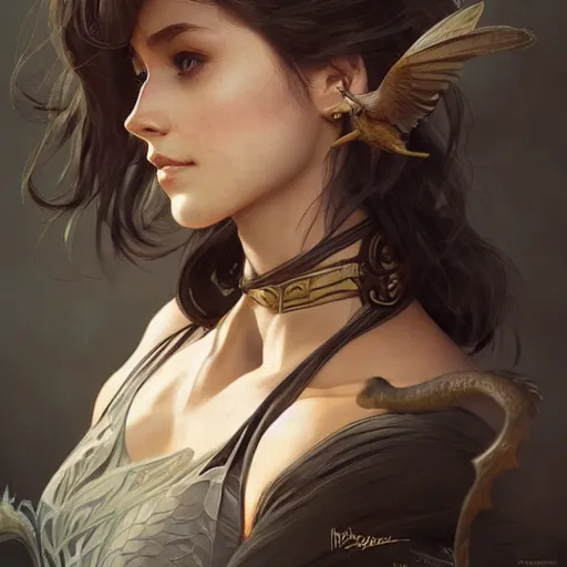 Image similar to portrait of a beautiful female ranger, upper body, D&D, fantasy, intricate, elegant, highly detailed, digital painting, artstation, concept art, smooth, sharp focus, illustration, art by artgerm and greg rutkowski and alphonse mucha