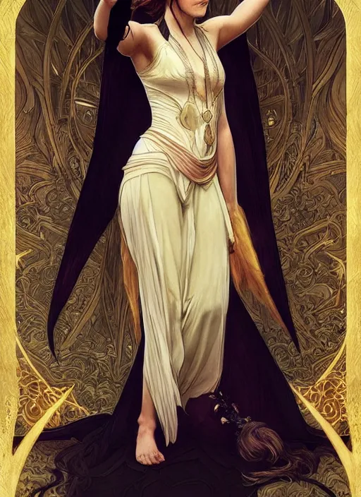 Image similar to Emma Watson as Lucifer morningstar, very detailed, digital art, concept art, illustration, trending on ArtStation, art byvgreg rutkowski and alphonse mucha and J. C. Leyendecker and Edmund Blair Leighton and Ashley wood