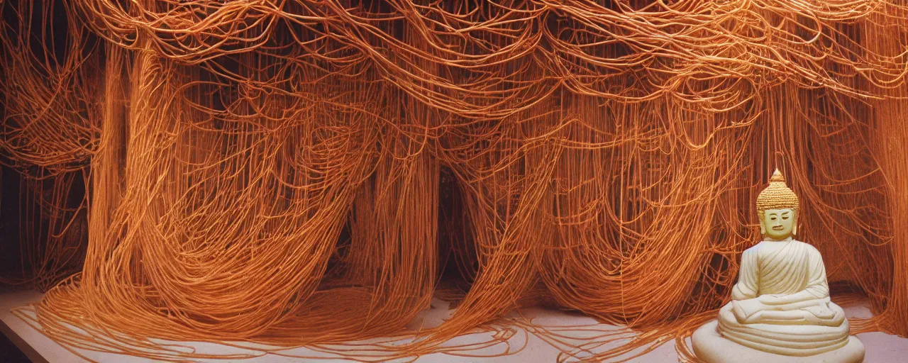 Image similar to spaghetti sculpture inside a buddhist temple, hyper - realistic, small details, intricate, canon 5 0 mm, wes anderson film, kodachrome