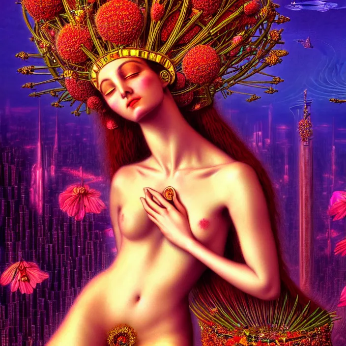 Prompt: Beautiful 3d render of the flower queen goddess in a sensual pose, in the style of Johfra Bosschart, with a crowded futuristic cyberpunk city in the background, astrophotgraphy