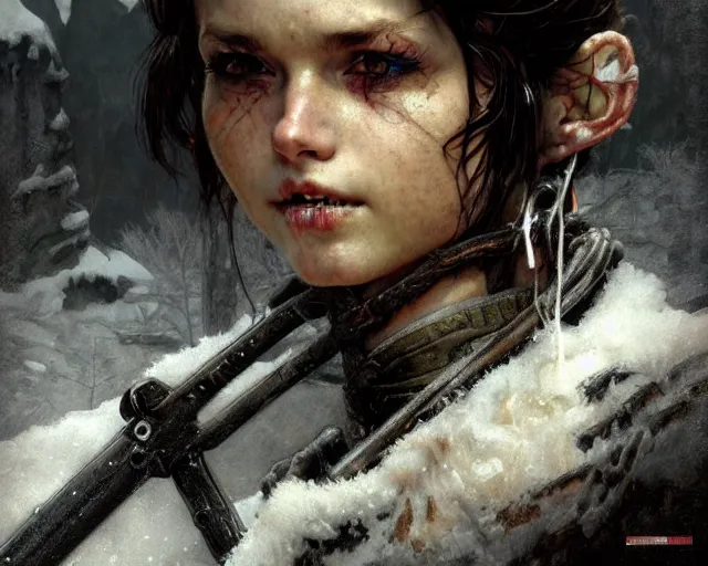 Prompt: a epic norman rockwell painting close up face portrait group of ninja roaming through the winter mountains, gritty tech, deep focus, fantasy, intricate, elegant, highly detailed, digital painting, artstation, concept art, matte, sharp focus, illustration, dark fantasy style art, resident evil, art by artgerm and greg rutkowski and alphonse mucha