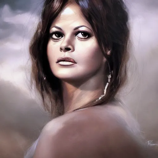 Image similar to closeup portrait of a young and beautiful claudia cardinale, dramatic light, gorgeous view, depth, high detail, digital art, painted by greg rutkowski and seb mckinnon, by tim burton, trending on artstation