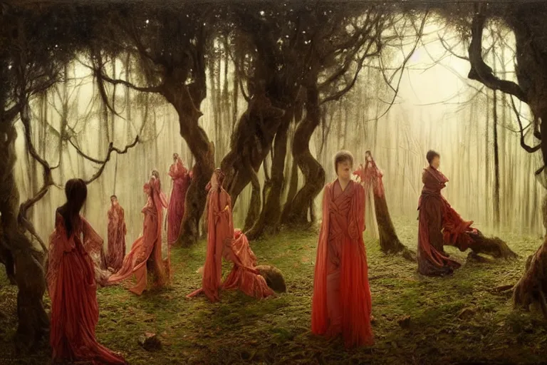 Prompt: wuxia, forest, moonlight, intricate beautiful faces, painting by gaston bussiere, agostino arrivabene, vanessa beecroft, anka zhuravleva, mary jane ansell