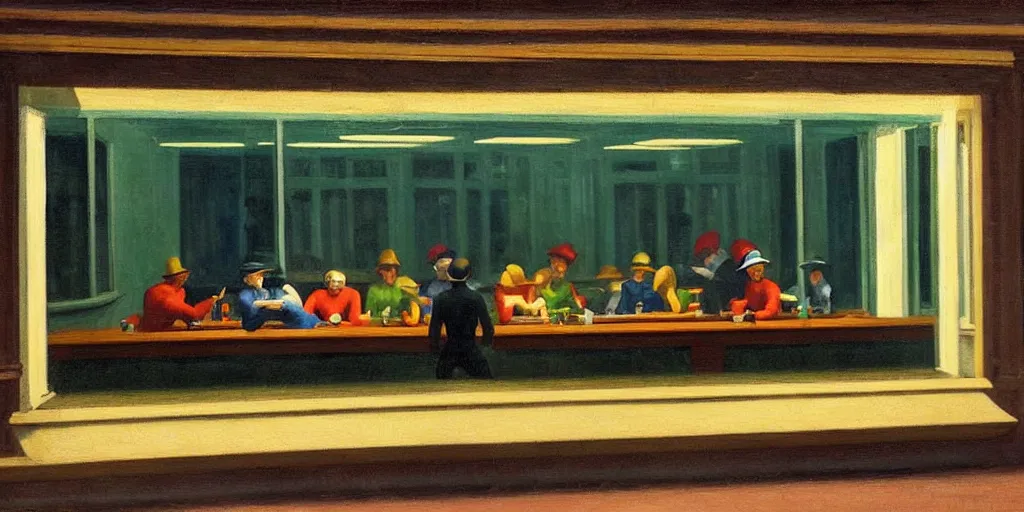 Image similar to painting, view from inside edward hopper's painting nighthawks, of a group of werebears robbing a bank, foggy