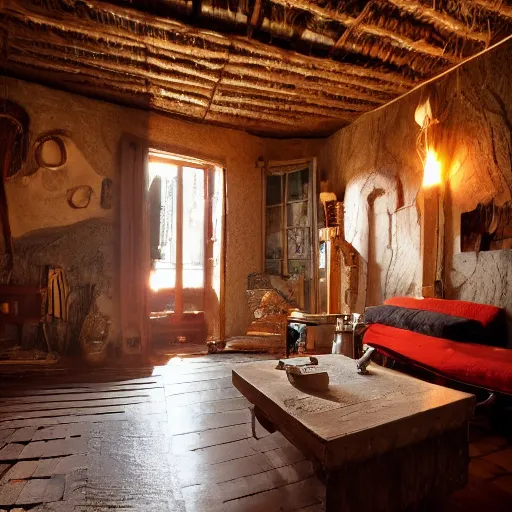 Image similar to immense and labyrinthic interior of a cosy house, weird atmosphere