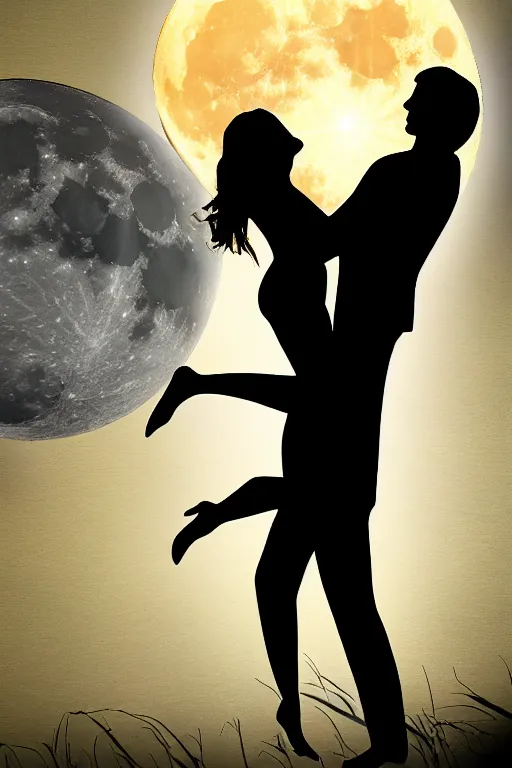 Image similar to the background is a huge moon. in the night environment, a man jumps into the air with a woman in his arms. in the middle of the moon are two figures in black silhouettes.