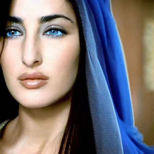Prompt: young arab Monica Bellucci, blue eyes, white veil, closeup, focus
