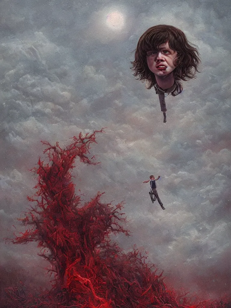 Image similar to a detailed painting with Mike Wheeler of Stranger Things being held by the red dust, bizarrely sinister sky, rain, fear, traces by Andrew Ferez, cg society, fantasy art, biomorphic, mystical, whimsical