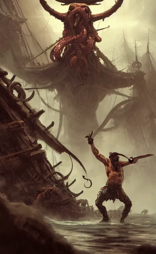 Image similar to full body of pirate fighting with his crew a kraken, symmetrical face features, front game card, drark, marvel comics, dark, intricate, highly detailed, smooth, artstation, digital illustration by ruan jia and mandy jurgens and artgerm and wayne barlowe and greg rutkowski and zdislav beksinski