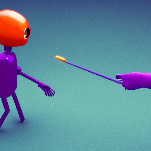 Image similar to a photorealistic 3 d render made in blender of a colourful friendly robot being poked by a man with a stick. background is a purple gradient