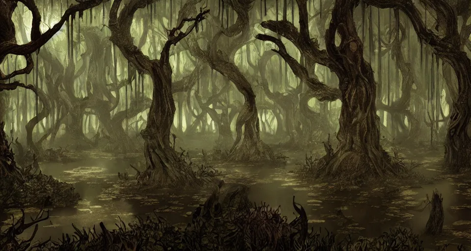 Image similar to A dense and dark enchanted forest with a swamp, from Magic the gathering