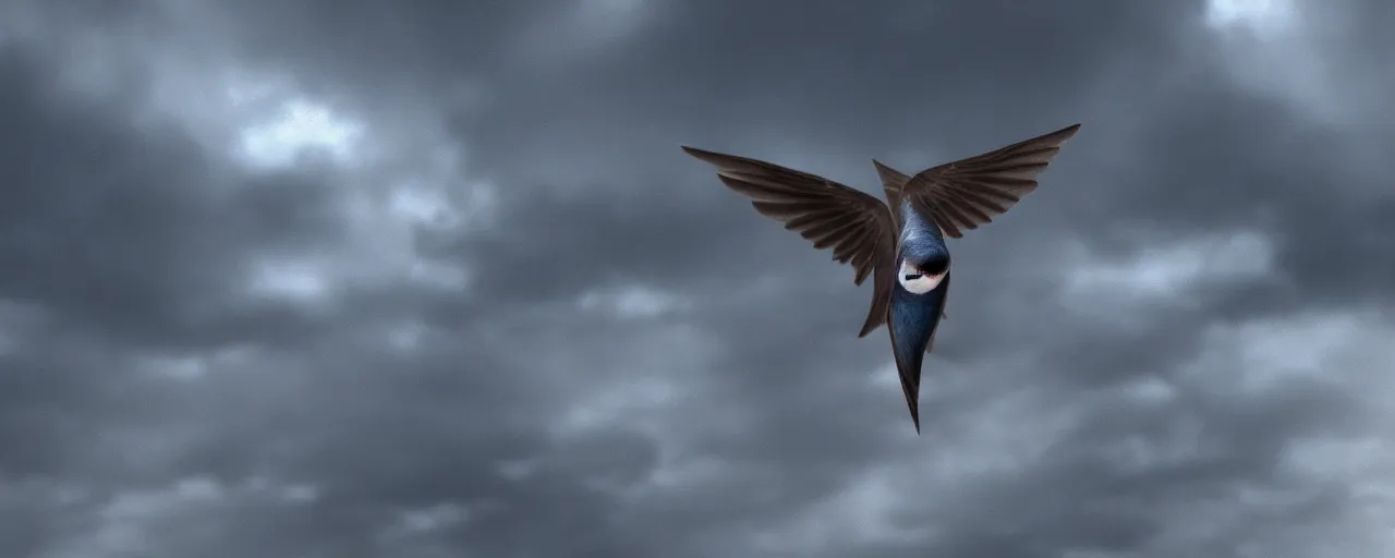 Image similar to a swallow bird flying through the clouds, atmospheric, mist, epic, photorealistic, realistic, rule of thirds, extremely detailed, 4 k, 8 k, unreal engine 5 render, rim lighting, rtx, ray traced lighting, shot on 3 5 mm, film grain