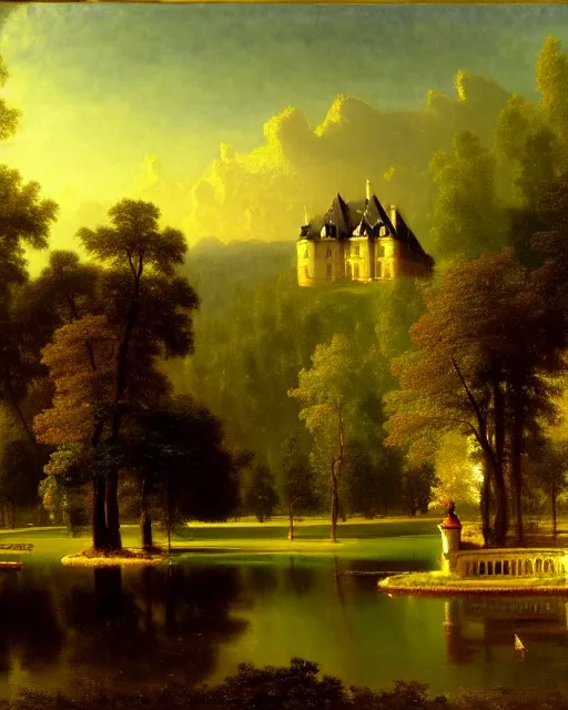 Image similar to beautiful illustration of chateau in a serene landscape, by albert bierstadt, magic realism, narrative realism, beautiful matte painting, heavenly lighting, retrowave, 4 k hd wallpaper