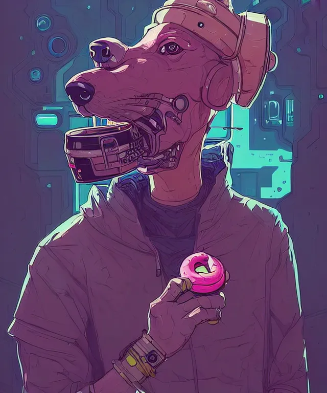 Prompt: a portrait of an anthropomorphic cyberpunk greyhound dog eating a donut, cyberpunk!, fantasy, elegant, digital painting, artstation, concept art, matte, sharp focus, illustration, art by josan gonzalez