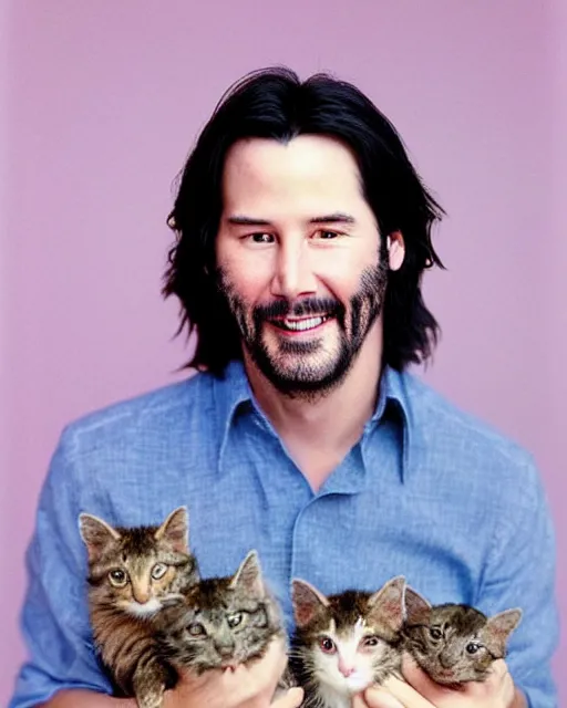 Prompt: “ head and shoulders glamour portrait of keanu reeves smiling at the camera and cradling a half dozen kittens in his arms, pastel colored background, high quality photo, photography, dreamy ”