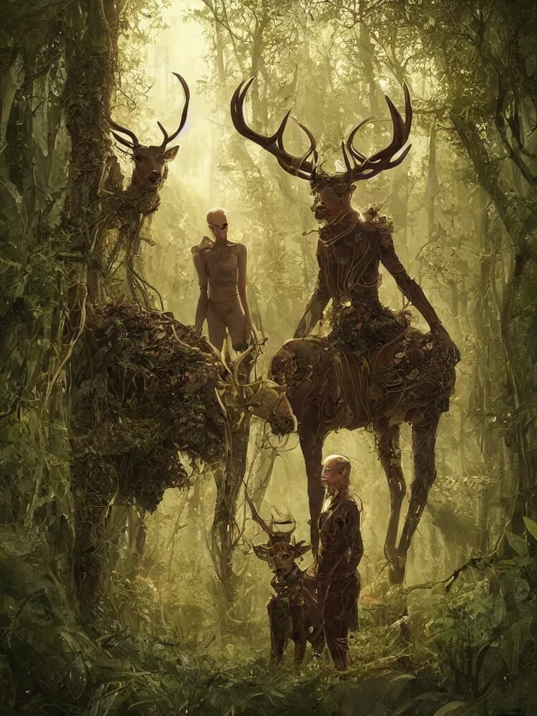 Prompt: a solarpunk portrait of a gorgeous cyborg deer with its human owner in the movie Annihilation, with mutated trees and fractal sunlight, award-winning, masterpiece, in the style of Tom Bagshaw, Cedric Peyravernay, Peter Mohrbacher