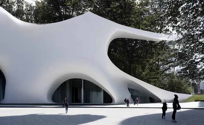 Prompt: exterior painting of a white architecture by zaha hadid and peter zumthor