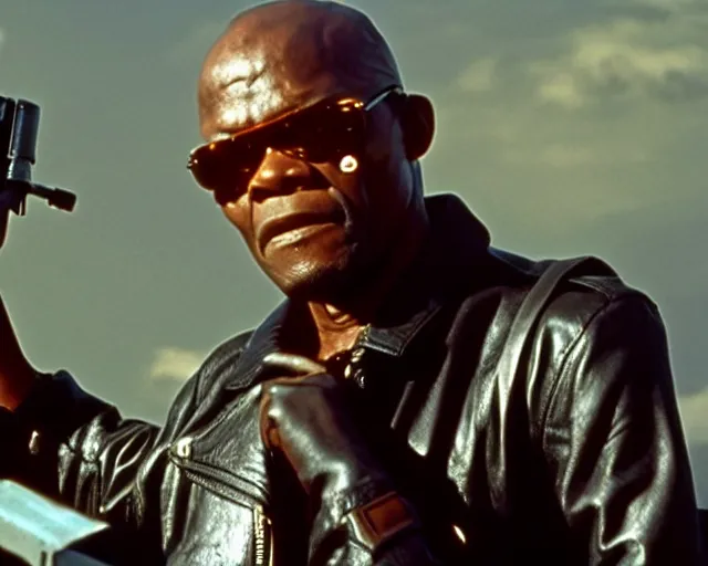 Image similar to Samuel L. Jackson plays Terminator wearing leather jacket and his endoskeleton is visible, epic film