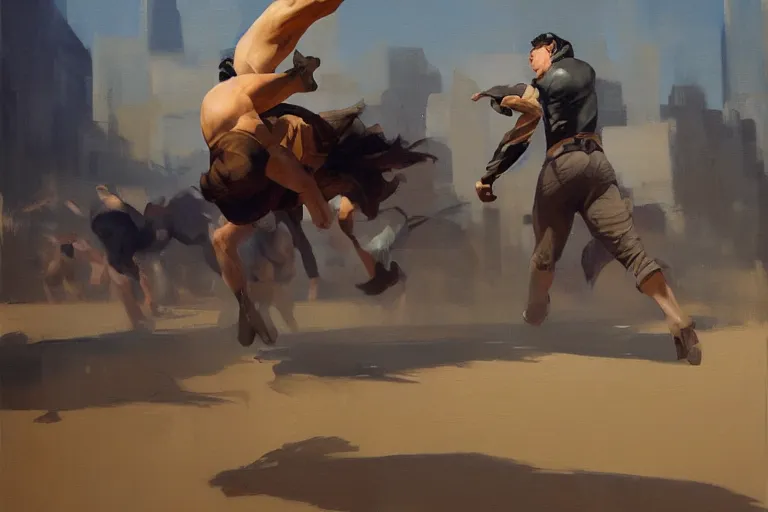 Image similar to greg manchess painting of a man in an arena tripping and falling, profile picture, organic painting, sunny day, matte painting, bold shapes, hard edges, street art, trending on artstation, by huang guangjian, gil elvgren, ruan jia, randy vargas, greg rutkowski