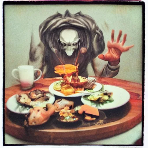 Image similar to horrible eldritch god at a sunday brunch, in the style of a polaroid photo